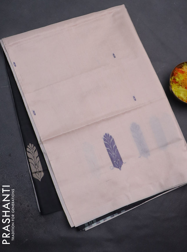 Banana pith saree cream and black with thread woven buttas in borderless style