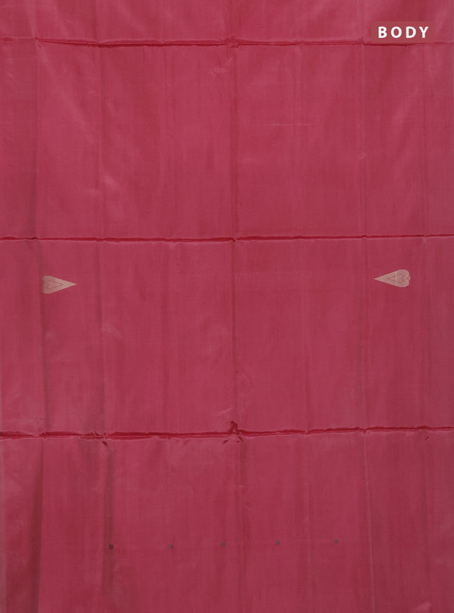 Banana pith saree pink shade and green with thread woven buttas in borderless style