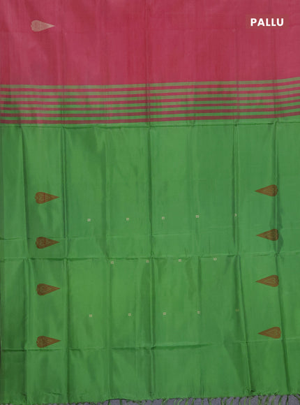 Banana pith saree pink shade and green with thread woven buttas in borderless style