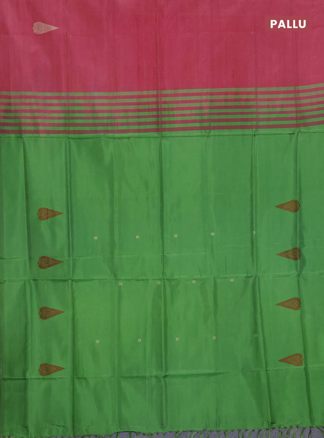 Banana pith saree pink shade and green with thread woven buttas in borderless style