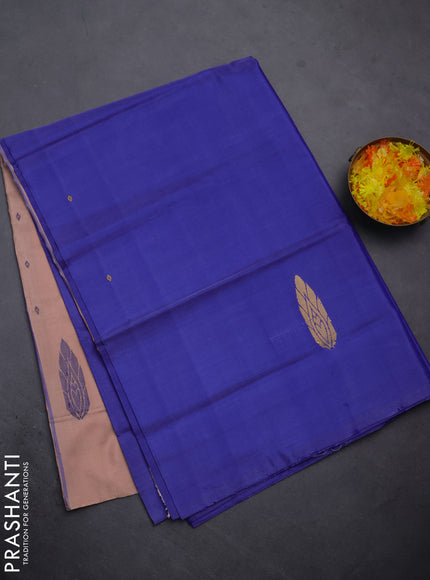 Banana pith saree blue and pastel peach shade with thread woven buttas in borderless style
