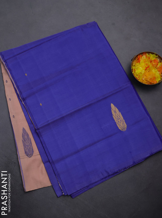 Banana pith saree blue and pastel peach shade with thread woven buttas in borderless style