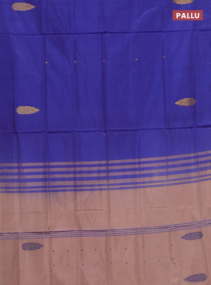 Banana pith saree blue and pastel peach shade with thread woven buttas in borderless style