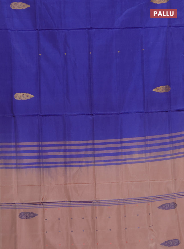 Banana pith saree blue and pastel peach shade with thread woven buttas in borderless style