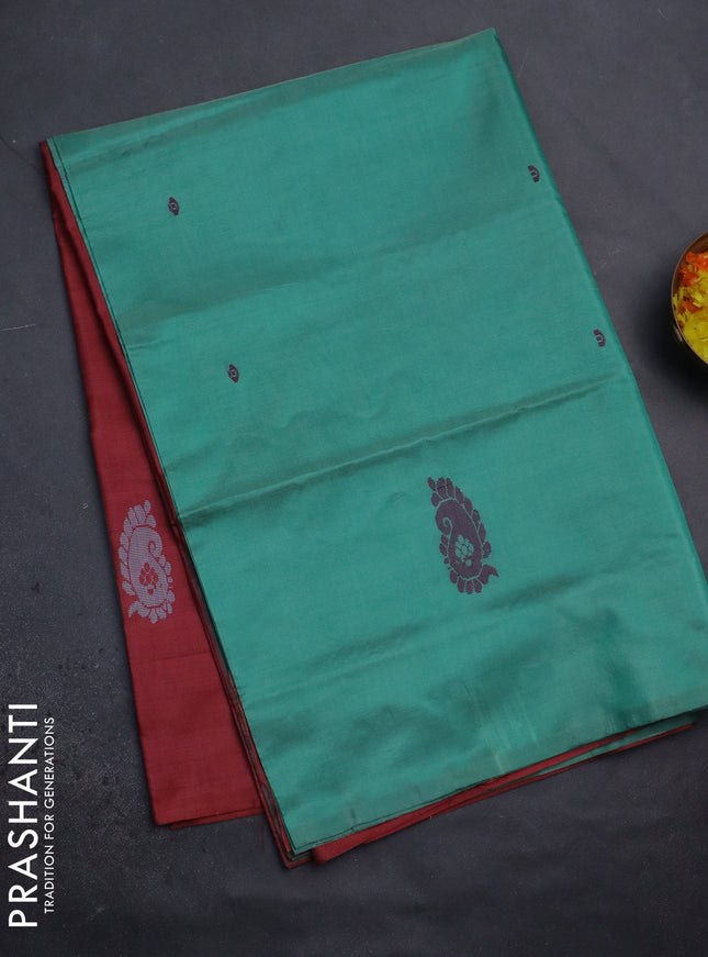 Banana pith saree teal green shade and maroon with thread woven buttas in borderless style
