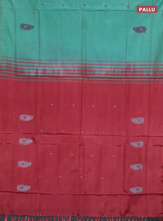 Banana pith saree teal green shade and maroon with thread woven buttas in borderless style
