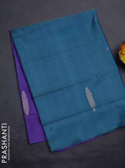 Banana pith saree teal green shade and lavender with thread woven buttas in borderless style