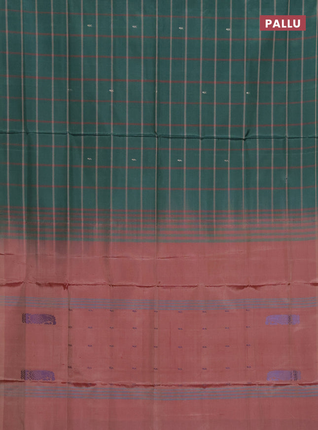 Banana pith saree bottle green and pastel maroon with allover checked pattern and piping border