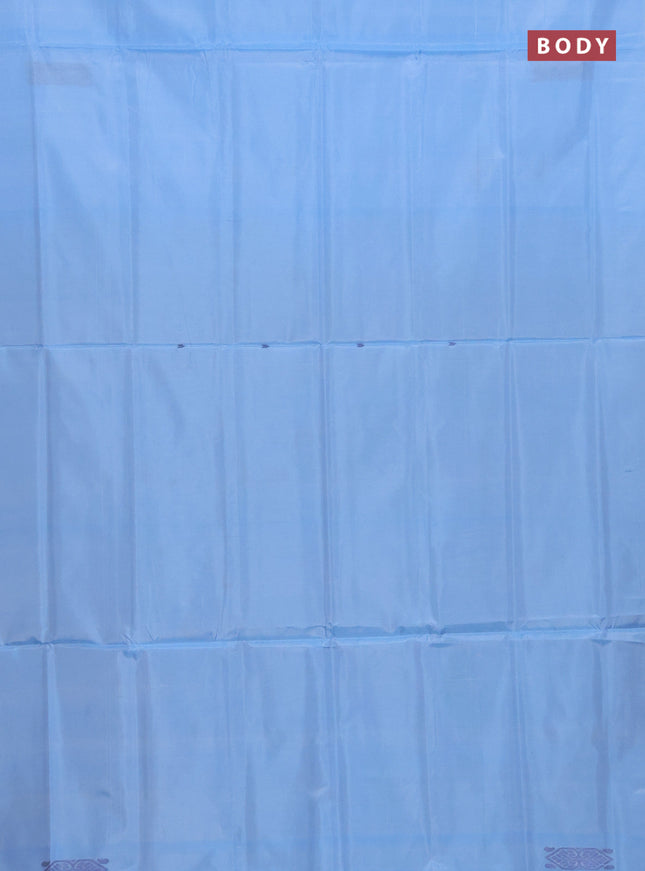 Banana pith saree light blue and black with thread woven buttas in borderless style