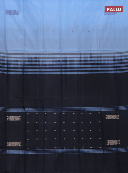Banana pith saree light blue and black with thread woven buttas in borderless style