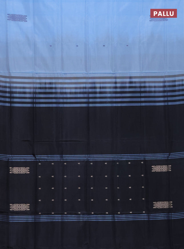 Banana pith saree light blue and black with thread woven buttas in borderless style