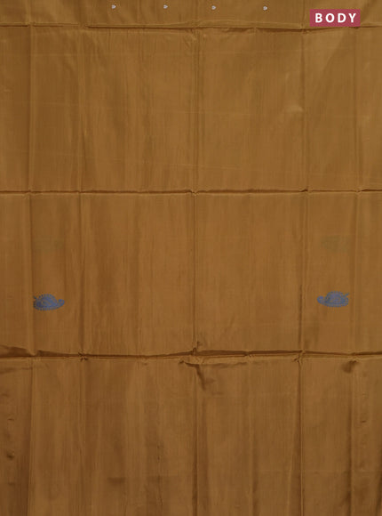 Banana pith saree dark mustard and pink with thread woven buttas in borderless style