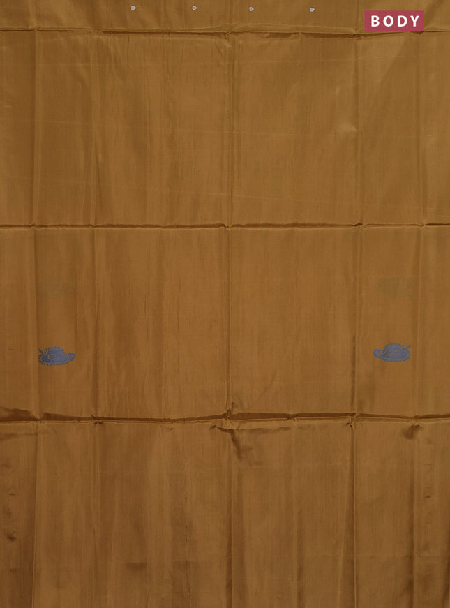 Banana pith saree dark mustard and pink with thread woven buttas in borderless style