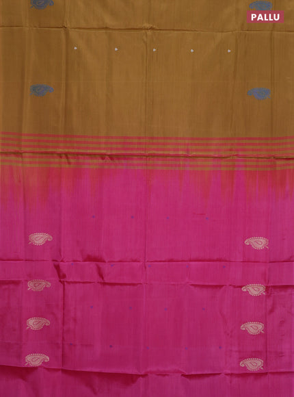 Banana pith saree dark mustard and pink with thread woven buttas in borderless style