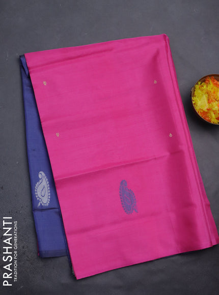 Banana pith saree pink and blue with thread woven buttas in borderless style
