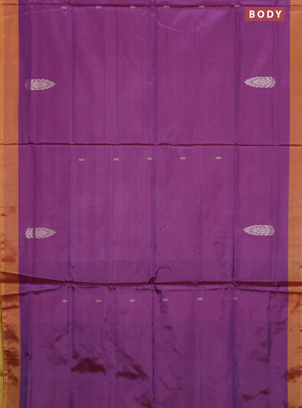 Banana pith saree dual shade of purple and mustard yellow with thread woven buttas and contrast border