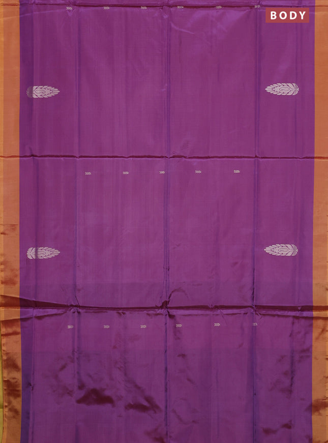 Banana pith saree dual shade of purple and mustard yellow with thread woven buttas and contrast border