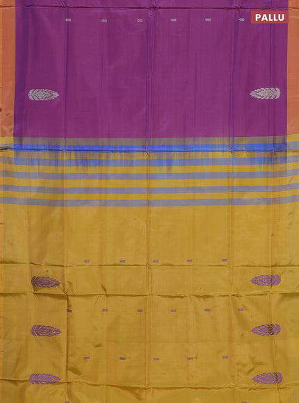 Banana pith saree dual shade of purple and mustard yellow with thread woven buttas and contrast border