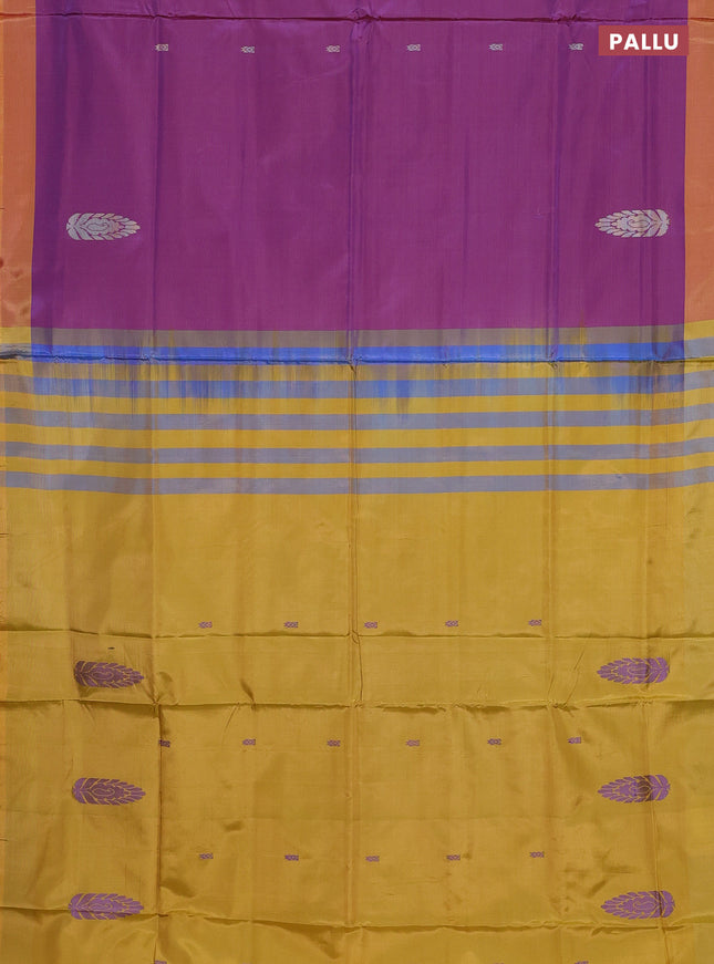 Banana pith saree dual shade of purple and mustard yellow with thread woven buttas and contrast border