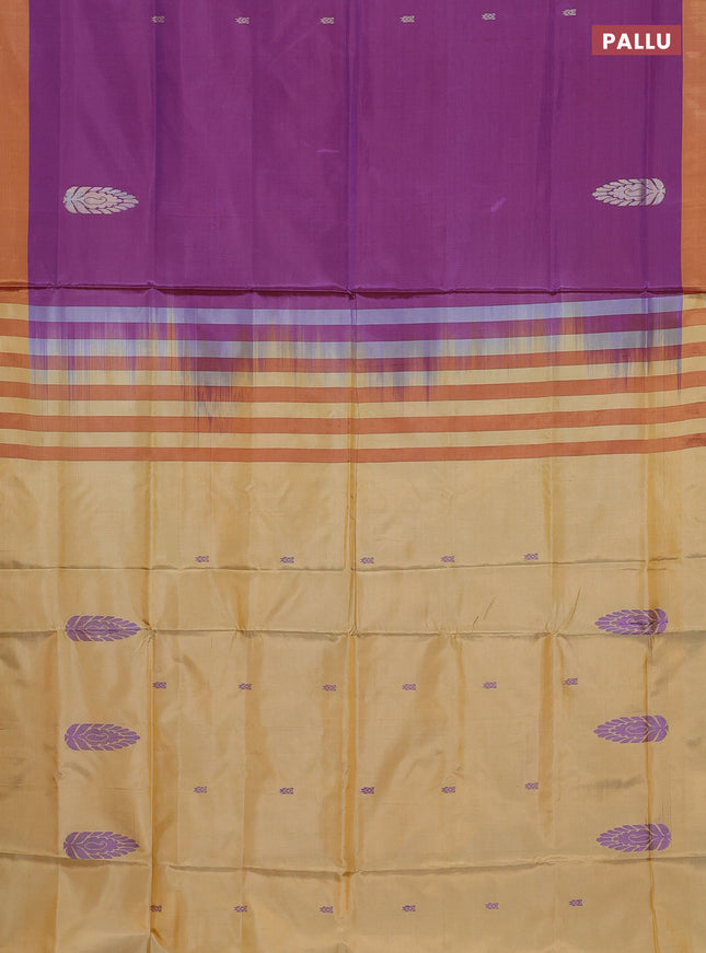 Banana pith saree dual shade of purple and yellow with thread woven buttas and contrast border