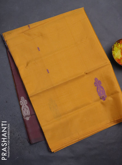Banana pith saree mango yellow and maroon with thread woven buttas in borderless style