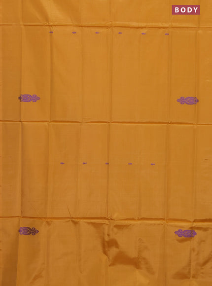 Banana pith saree mango yellow and maroon with thread woven buttas in borderless style