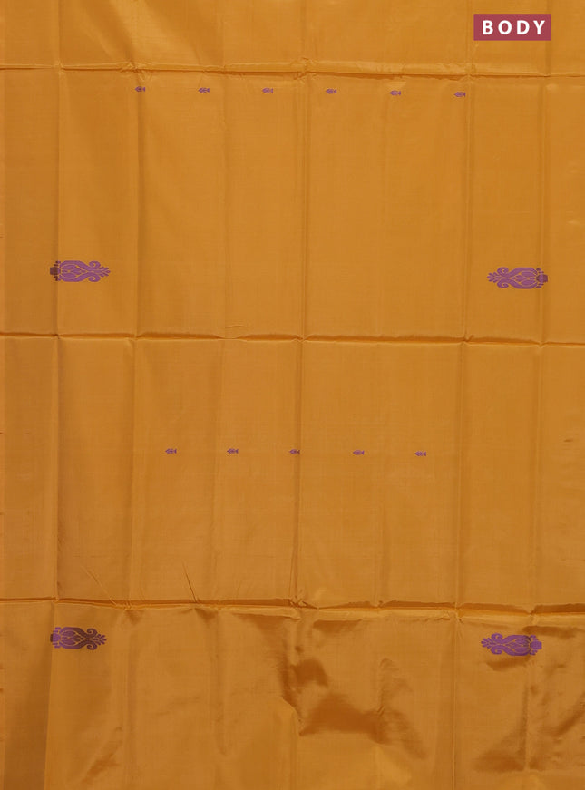 Banana pith saree mango yellow and maroon with thread woven buttas in borderless style