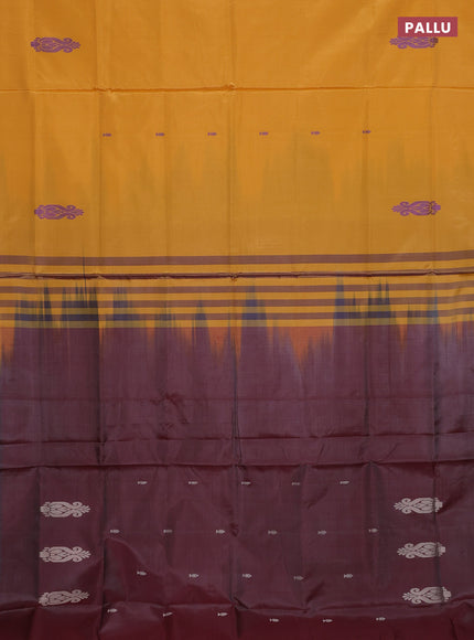Banana pith saree mango yellow and maroon with thread woven buttas in borderless style