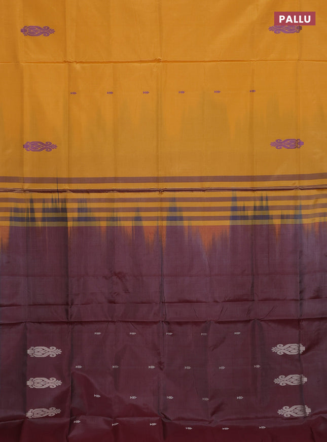 Banana pith saree mango yellow and maroon with thread woven buttas in borderless style