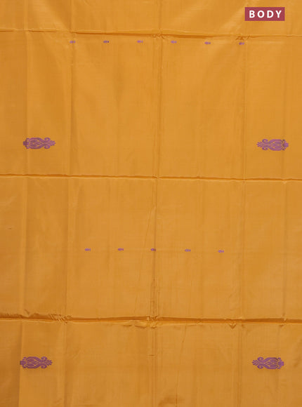 Banana pith saree mango yellow and wine shade with thread woven buttas in borderless style