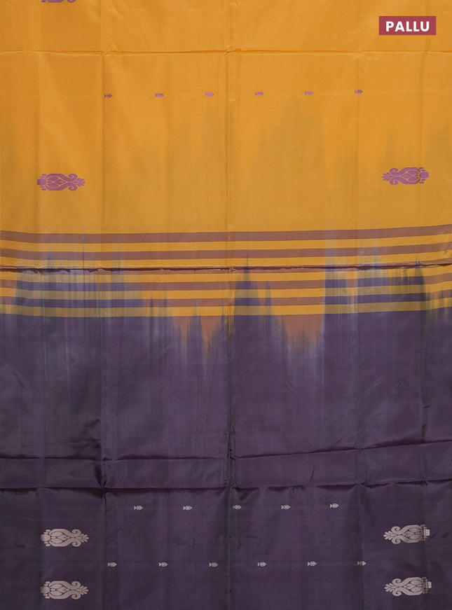Banana pith saree mango yellow and wine shade with thread woven buttas in borderless style