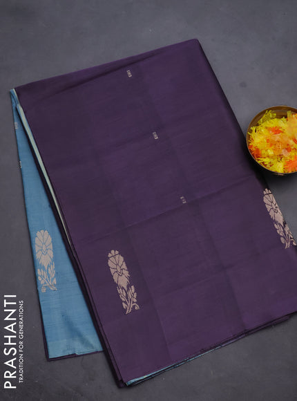 Banana pith saree jamun shade and teal blue with thread woven buttas in borderless style