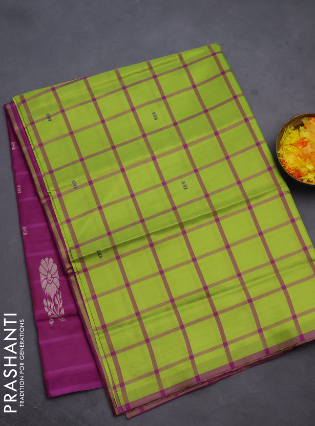 Banana pith saree light green and purple with allover checked pattern in borderless style
