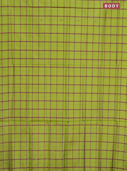 Banana pith saree light green and purple with allover checked pattern in borderless style