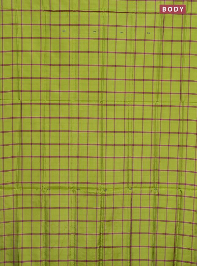 Banana pith saree light green and purple with allover checked pattern in borderless style