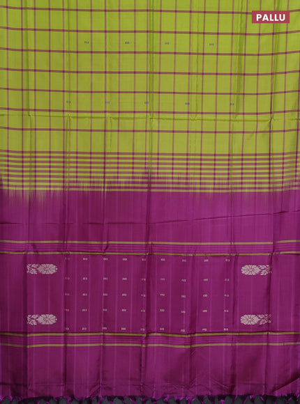 Banana pith saree light green and purple with allover checked pattern in borderless style