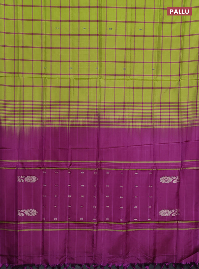 Banana pith saree light green and purple with allover checked pattern in borderless style