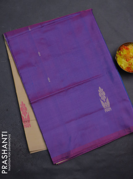 Banana pith saree dual shade of purple and sandal with thread woven buttas in borderless style