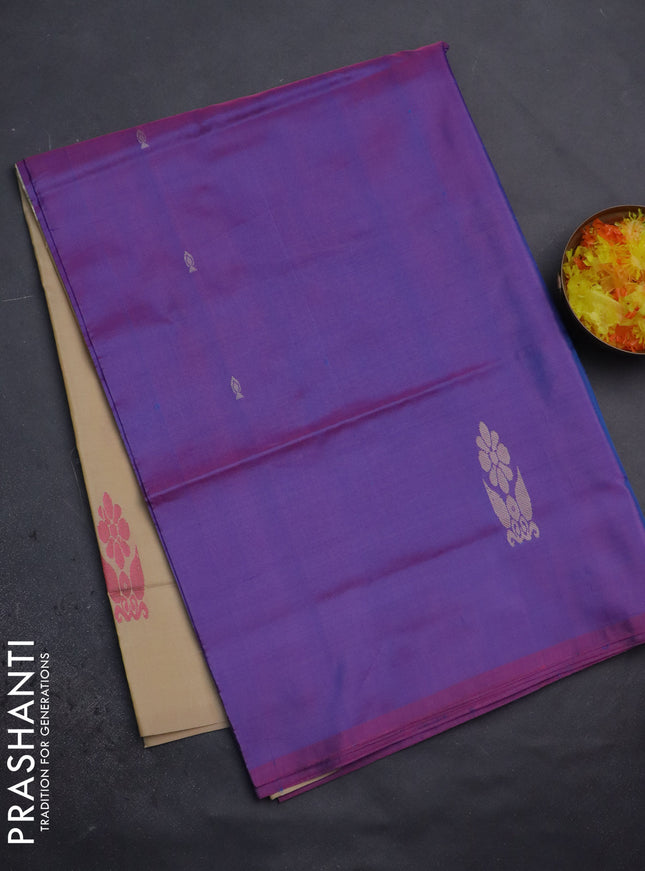 Banana pith saree dual shade of purple and sandal with thread woven buttas in borderless style