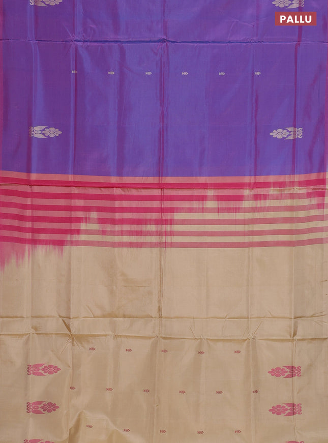 Banana pith saree dual shade of purple and sandal with thread woven buttas in borderless style