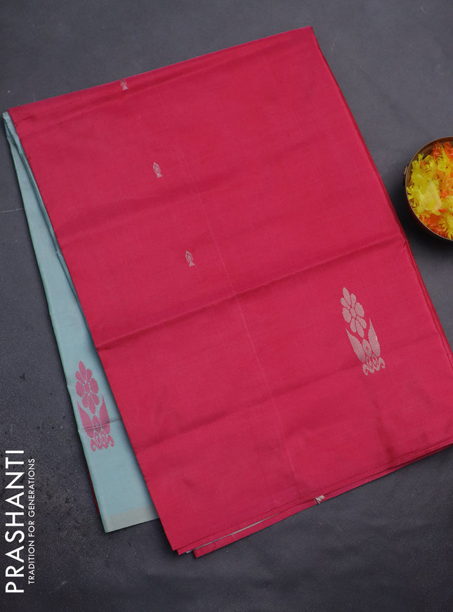 Banana pith saree pink and pastel blue with thread woven buttas in borderless style