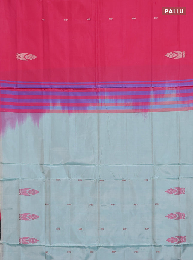 Banana pith saree pink and pastel blue with thread woven buttas in borderless style