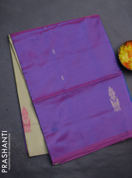 Banana pith saree dual shade of purple and cream with thread woven buttas in borderless style