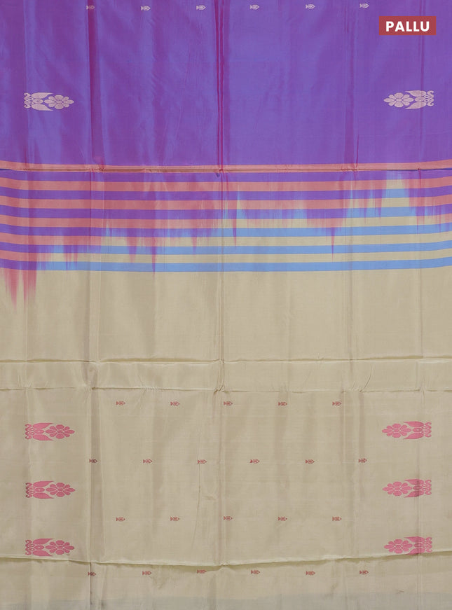 Banana pith saree dual shade of purple and cream with thread woven buttas in borderless style