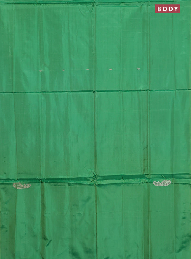 Banana pith saree green and maroon with thread woven buttas in borderless style