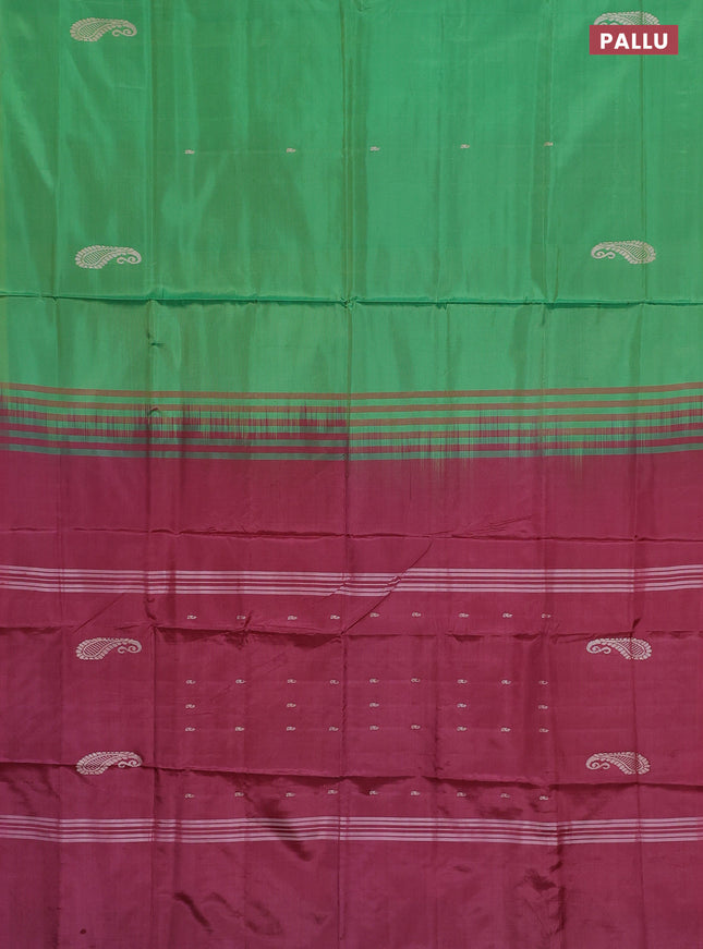 Banana pith saree green and maroon with thread woven buttas in borderless style