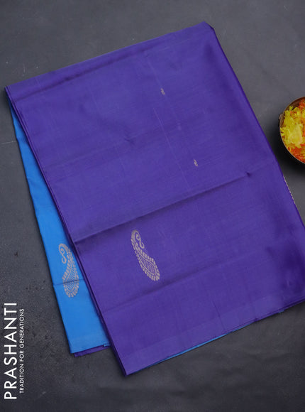 Banana pith saree violet and light blue with thread woven buttas in borderless style