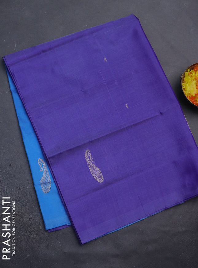 Banana pith saree violet and light blue with thread woven buttas in borderless style