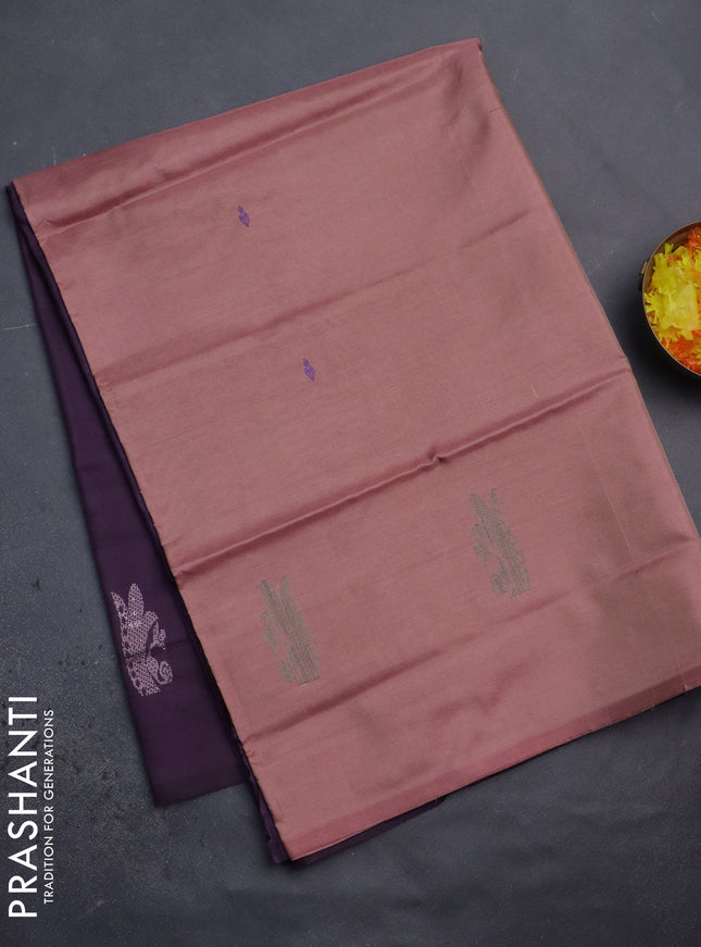 Banana pith saree pastel peach and deep jamun with thread woven buttas in borderless style