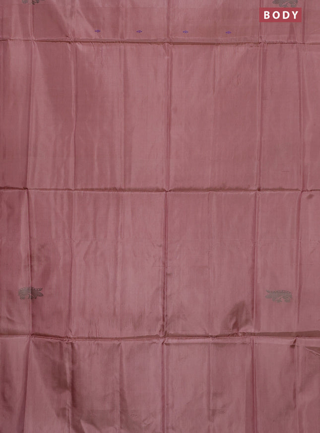 Banana pith saree pastel peach and deep jamun with thread woven buttas in borderless style